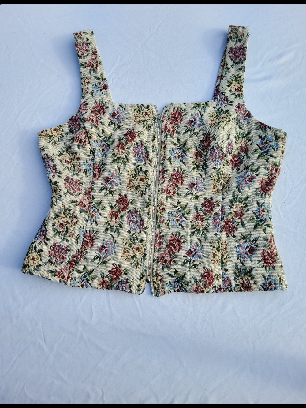 Vici Floral Tapestry Crop Top in Cream with Pink, Blue & Green Accents
